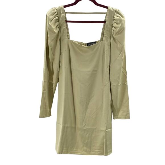 DANIELLE BERNSTEIN M sage green satin long sleeve square neck mini dress NWT B19 - Picture 2 of 6